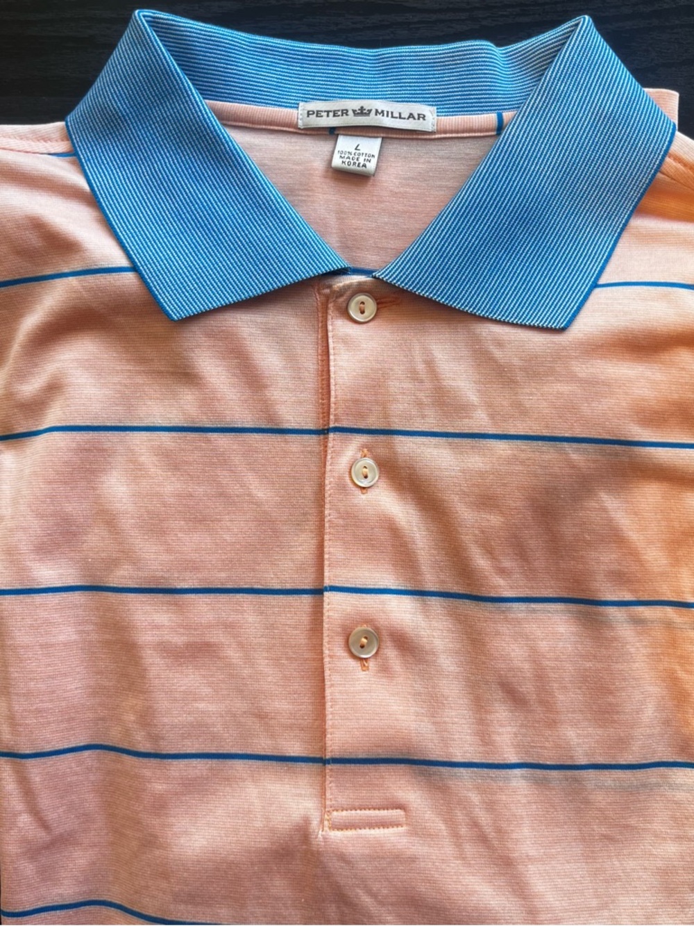 Peter Millar Peach Polo with Blue Stripe and Blue Collar